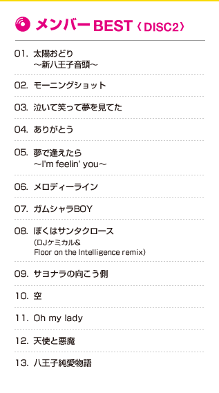 メンバーBEST<DISC2> 01.太陽おどり～新八王子音頭～ 02.モーニングショット 03.泣いて笑って夢を見てた 04.ありがとう 05.夢で逢えたら～Im'feelin'you～ 06.メロディーライン 07.ガムシャラBOY 08.ぼくはサンタクロース 09.サヨナラの向こう側 10.空 11.Ohmylady 12.天使と悪魔 13.八王子純愛物語