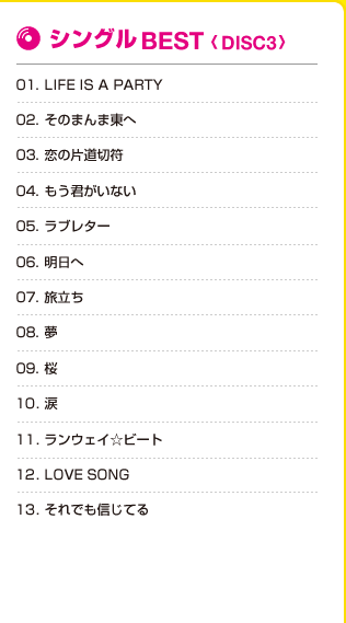 シングルBEST<DISC3> 01.LIFEISAPARTY 02.そのまんま東へ 03.恋の片道切符 04.もう君がいない 05.ラブレター 06.明日へ 07.旅立ち 08.夢 09.桜 10.涙 11.ランウェイ☆ビート 12.LOVESONG 13.それでも信じてる